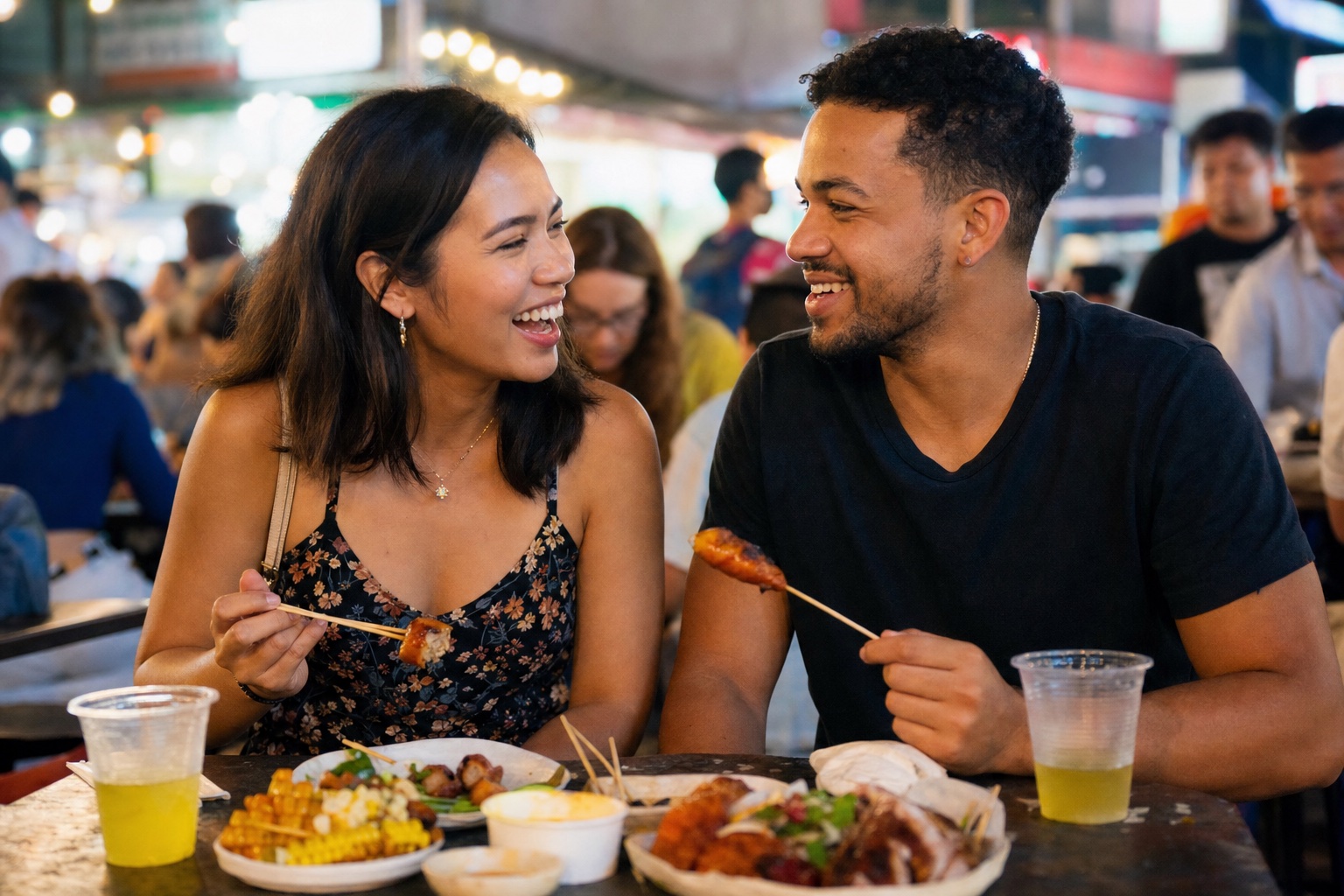 Couple sharing food and laughing at a night market
