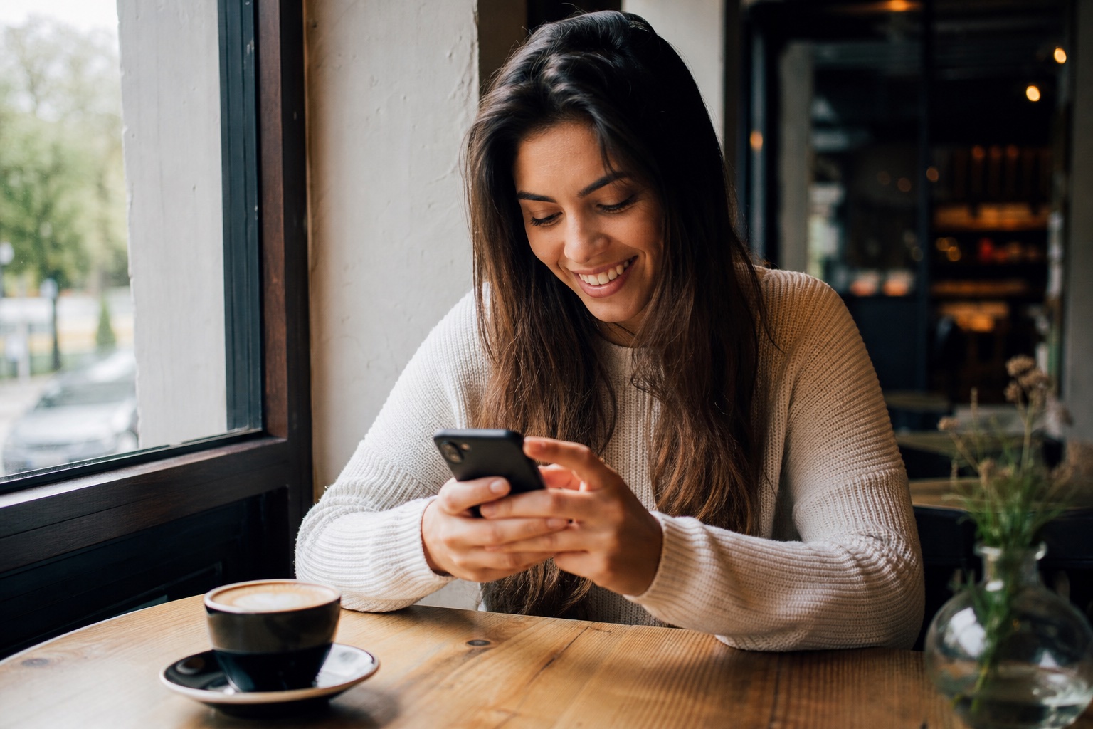 Person planning a date on their phone at a café