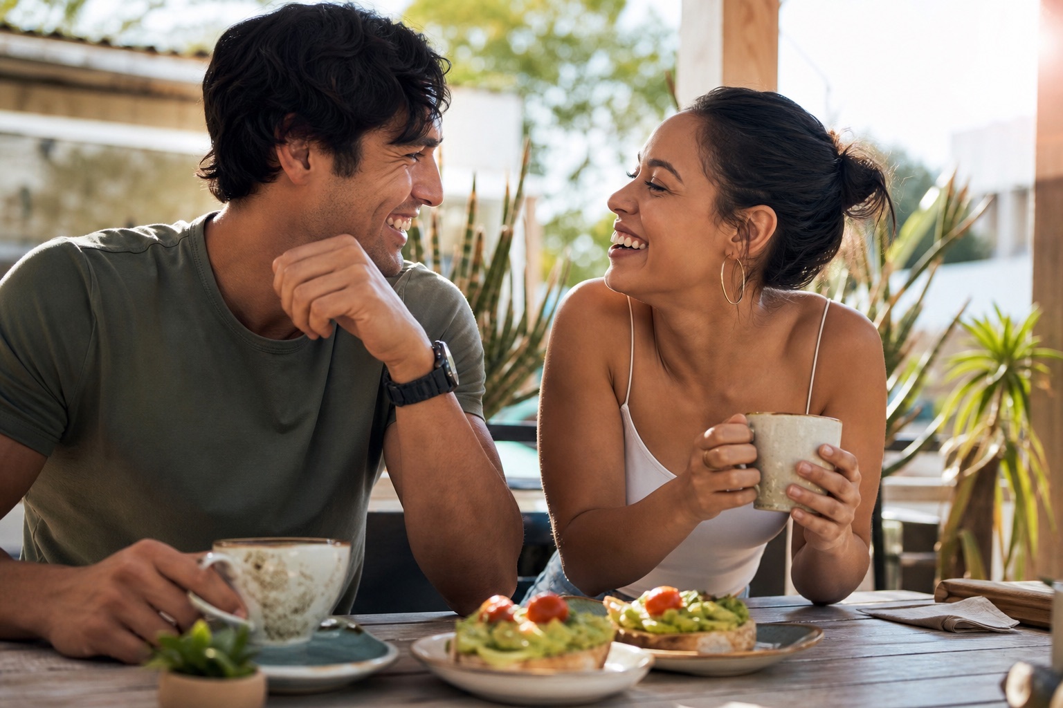 Couple laughing over brunch on a sunny patio