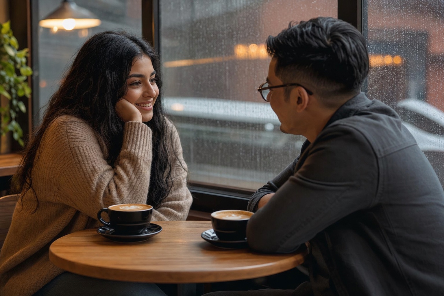 Warm coffee shop date by a window