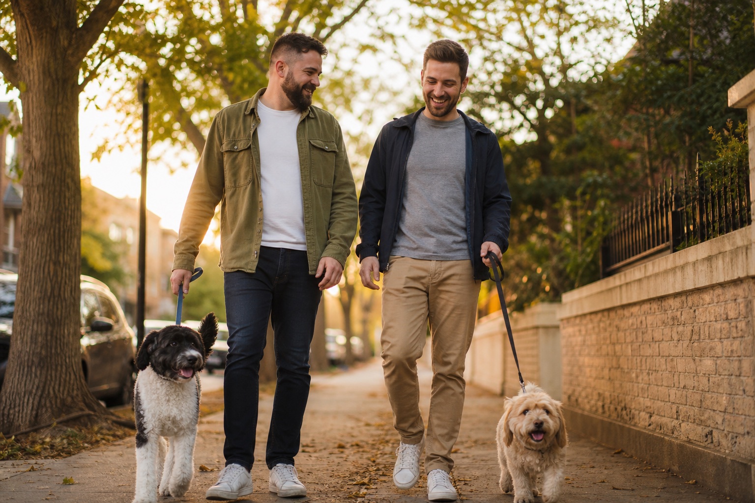 Couple walking dogs together in a leafy neighborhood
