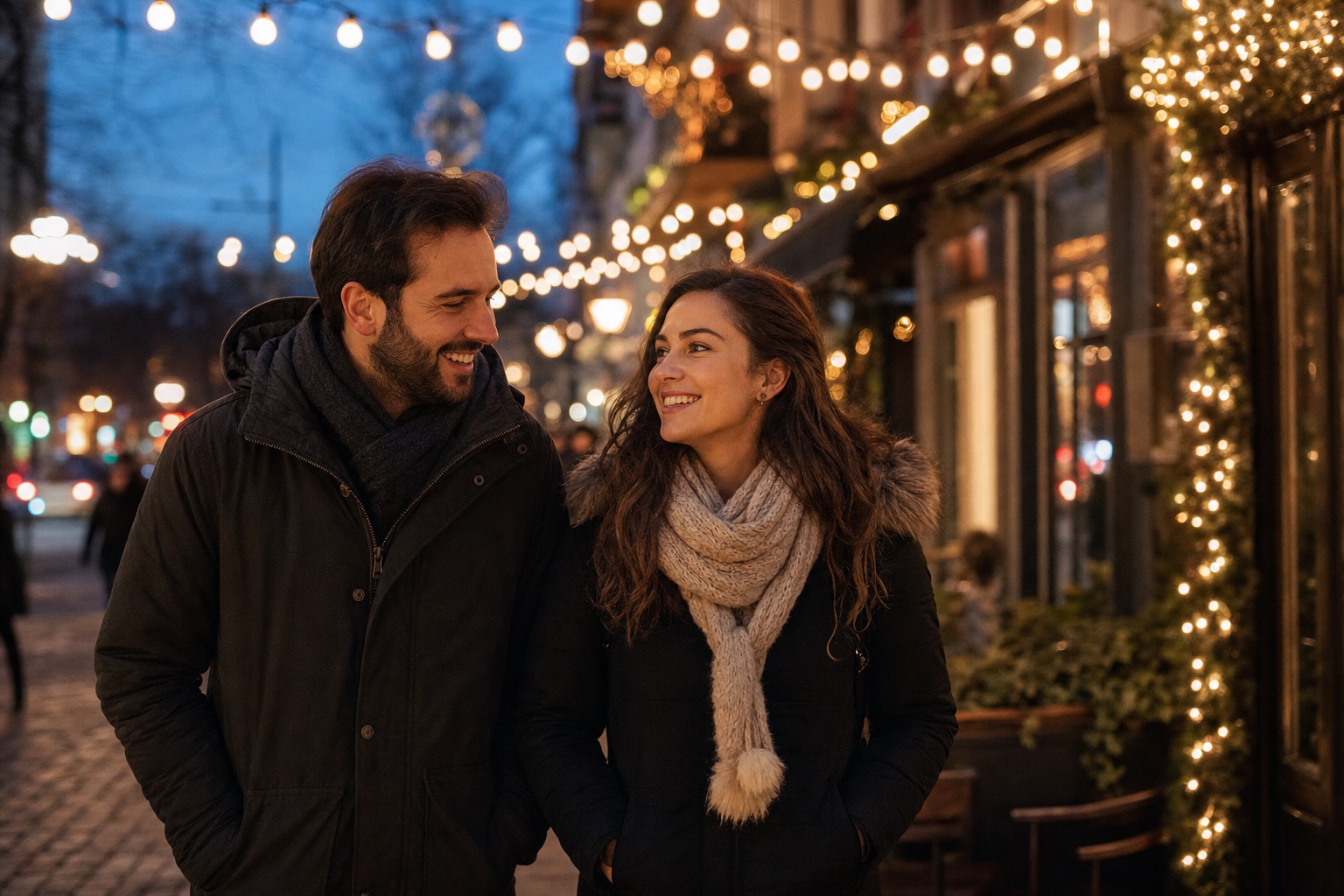 Couple walking under string lights on an evening city date