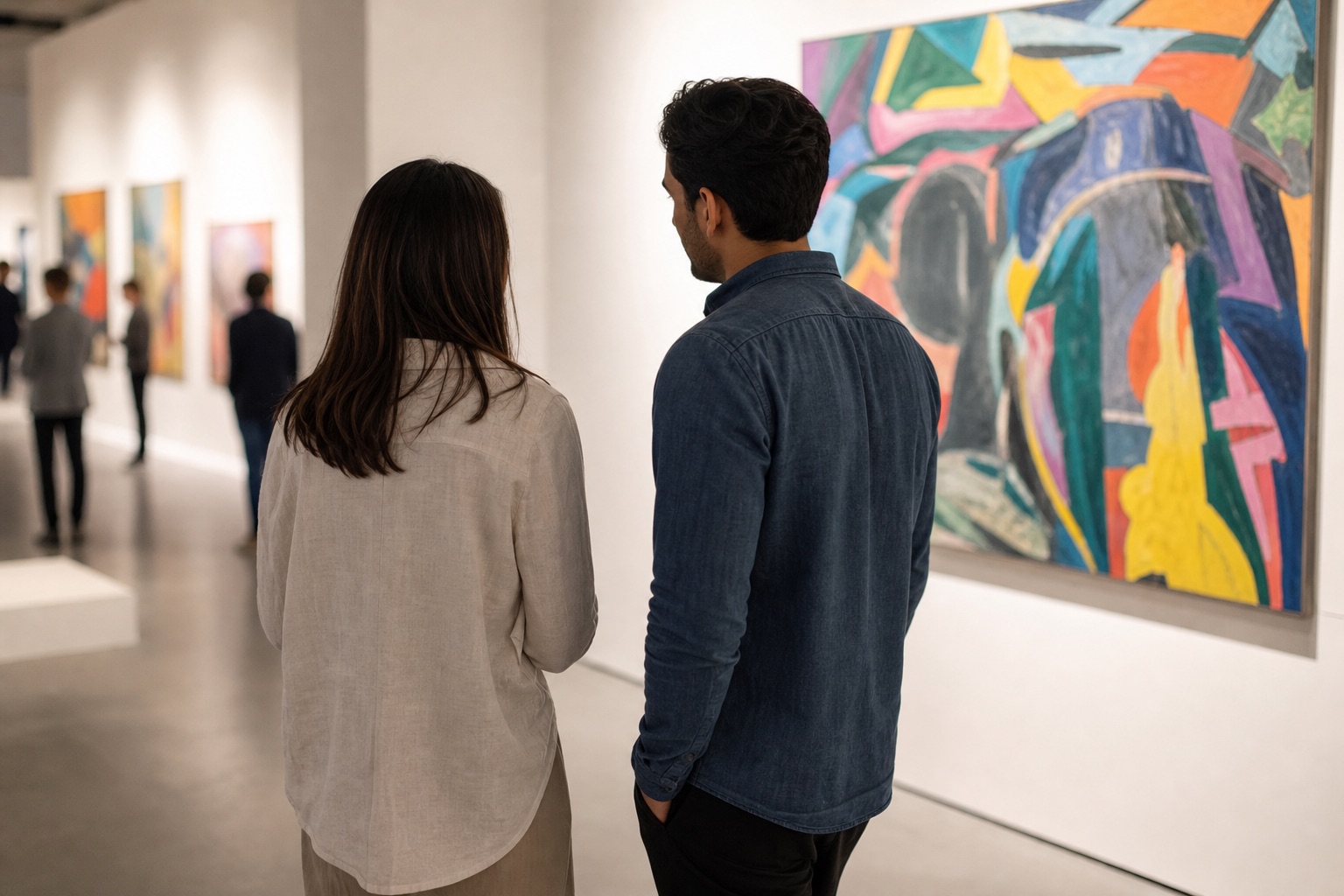Two people enjoying art together at a museum date