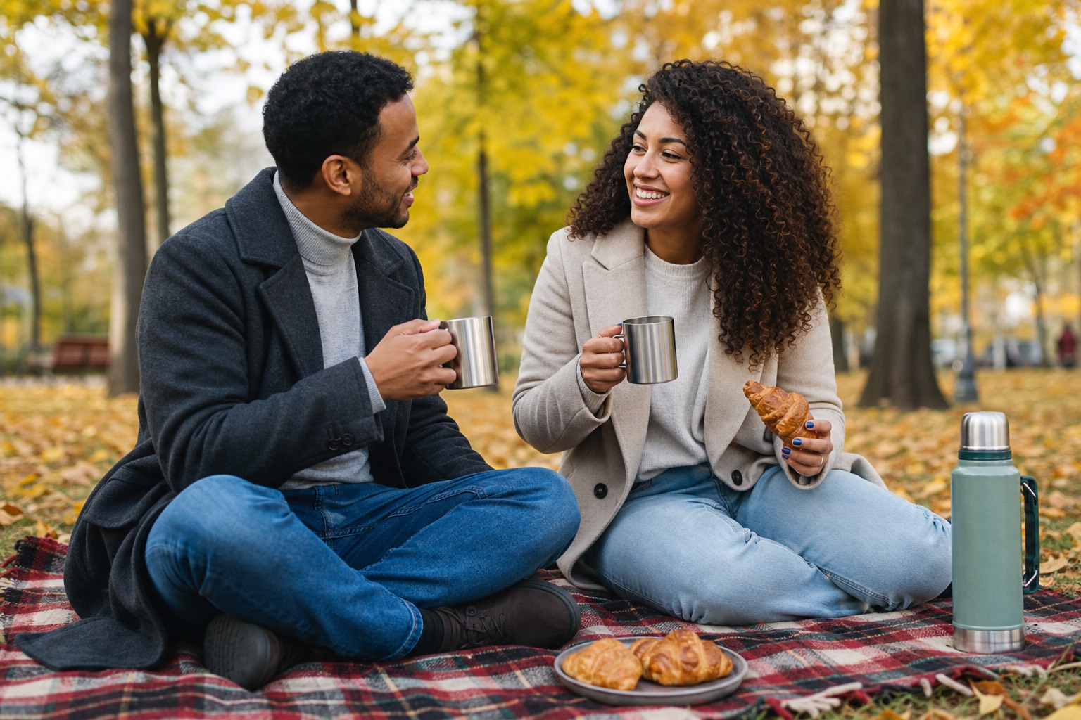 Relaxed picnic date in an autumn park