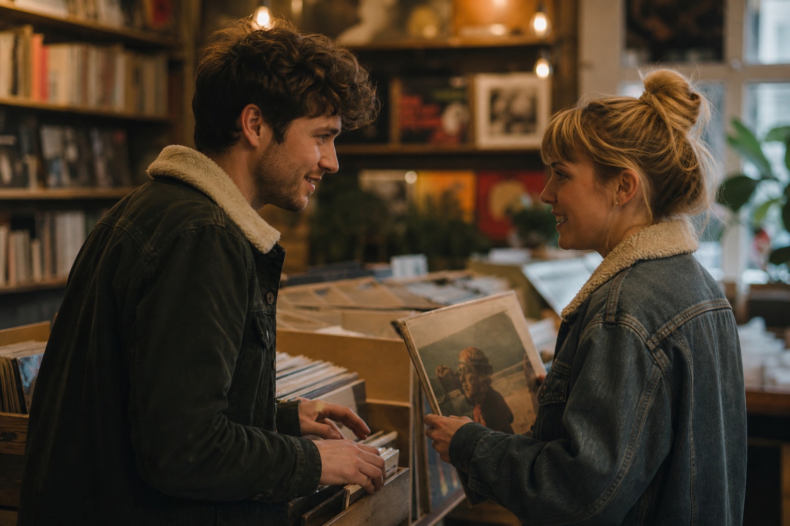 Couple browsing records together in an indie shop
