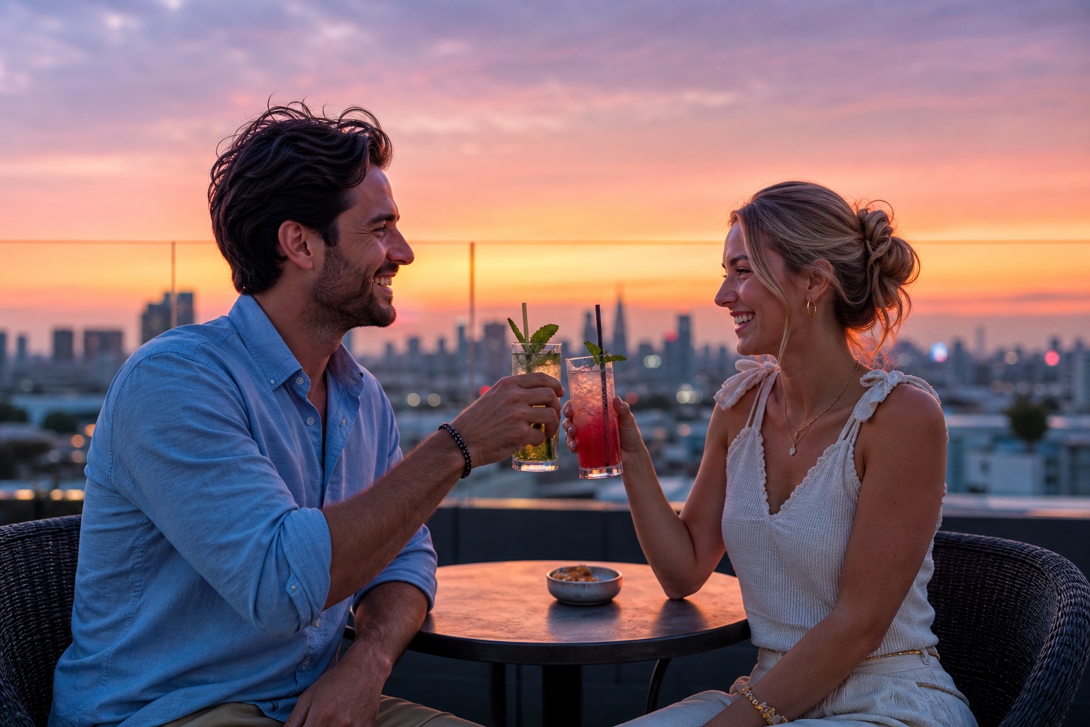 Couple toasting on a rooftop at sunset