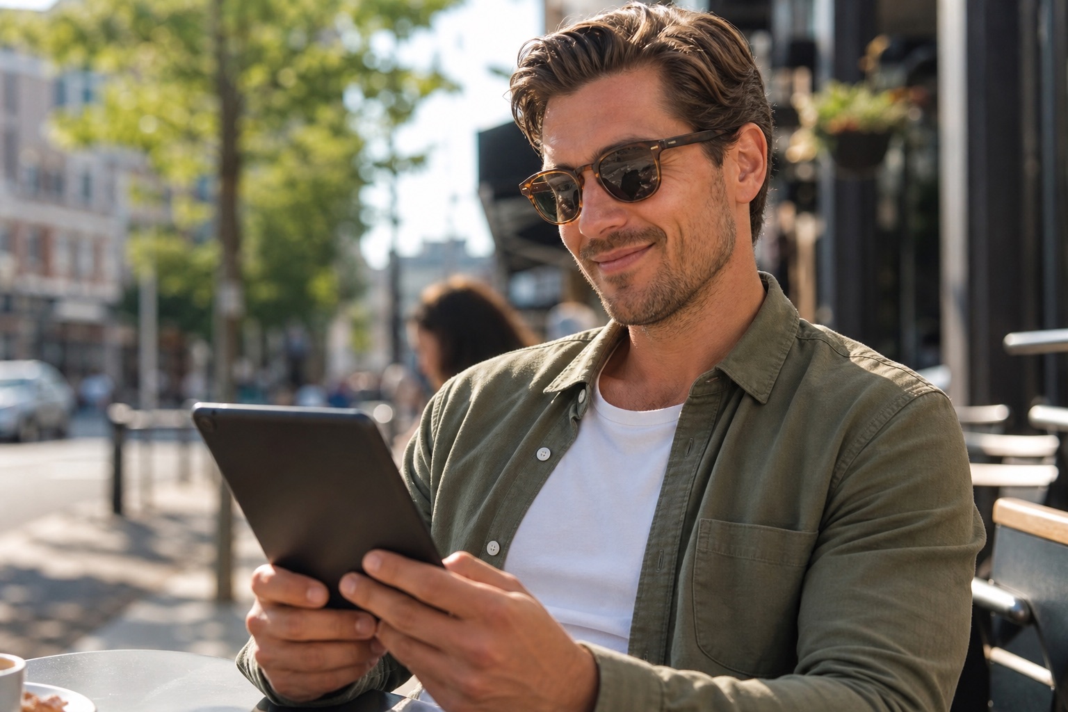 Man planning a date on his tablet at an outdoor café