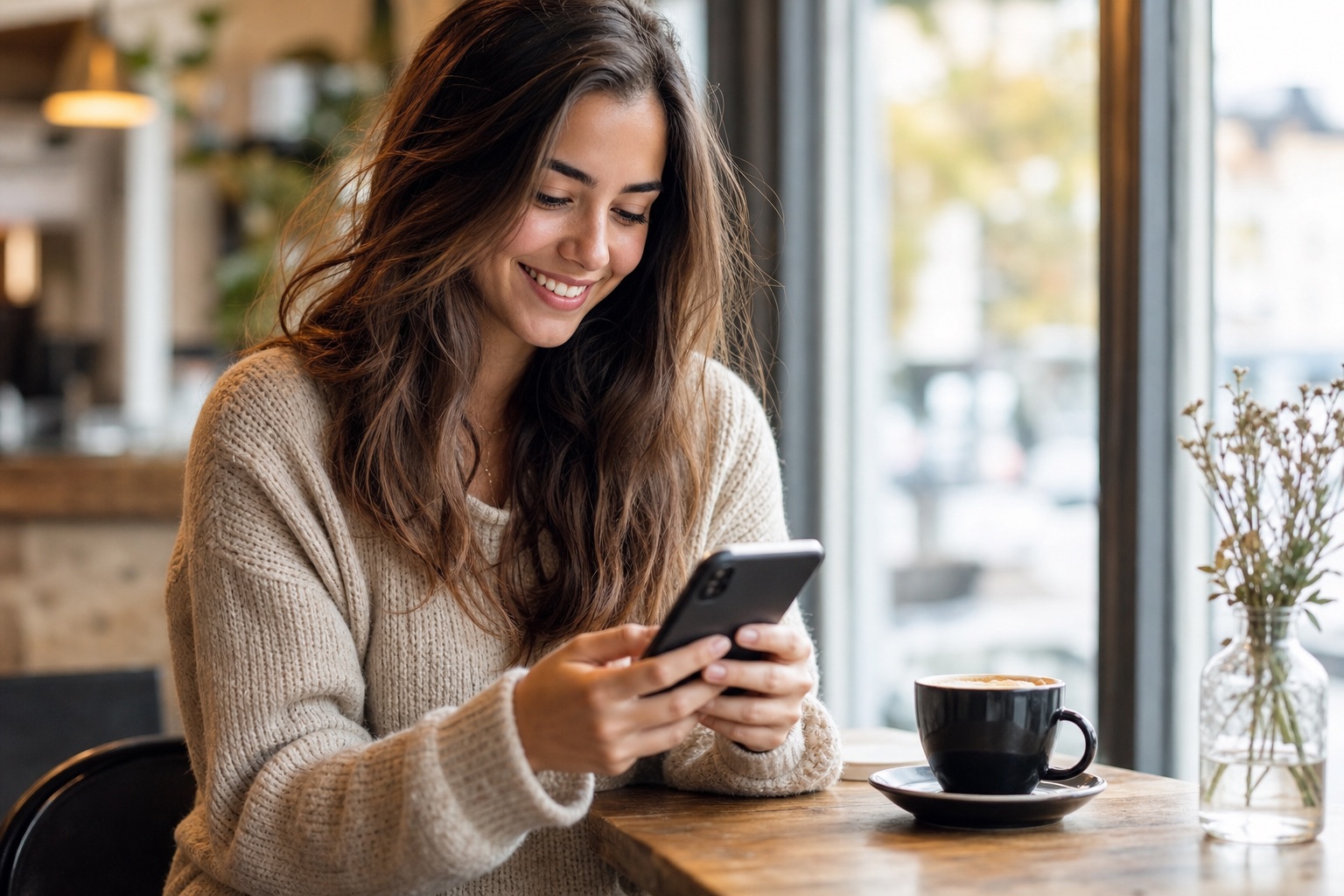 Woman planning dates on her phone at a café