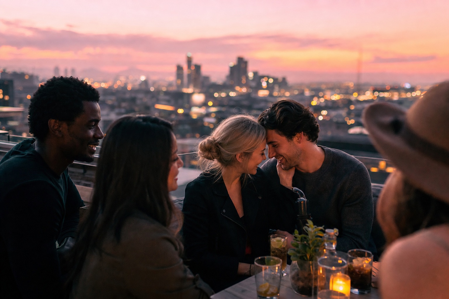 Friends and couples enjoying a rooftop at sunset